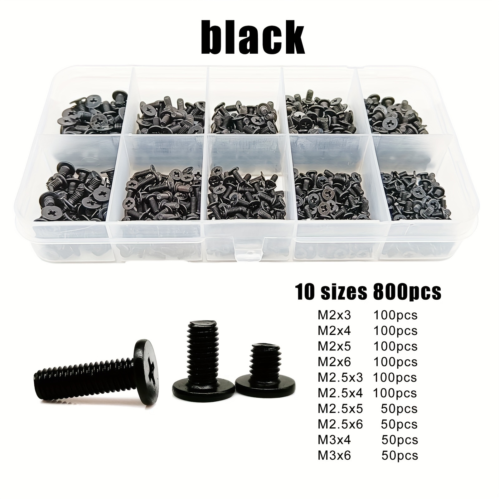 800pcs/box Laptop Computer Screw Bolt Cm M2 M2.5 M3 Phillips Ultra Thin Flat Wafer Head Mix Assortment Kit Set Steel Black Silvery Product Repair