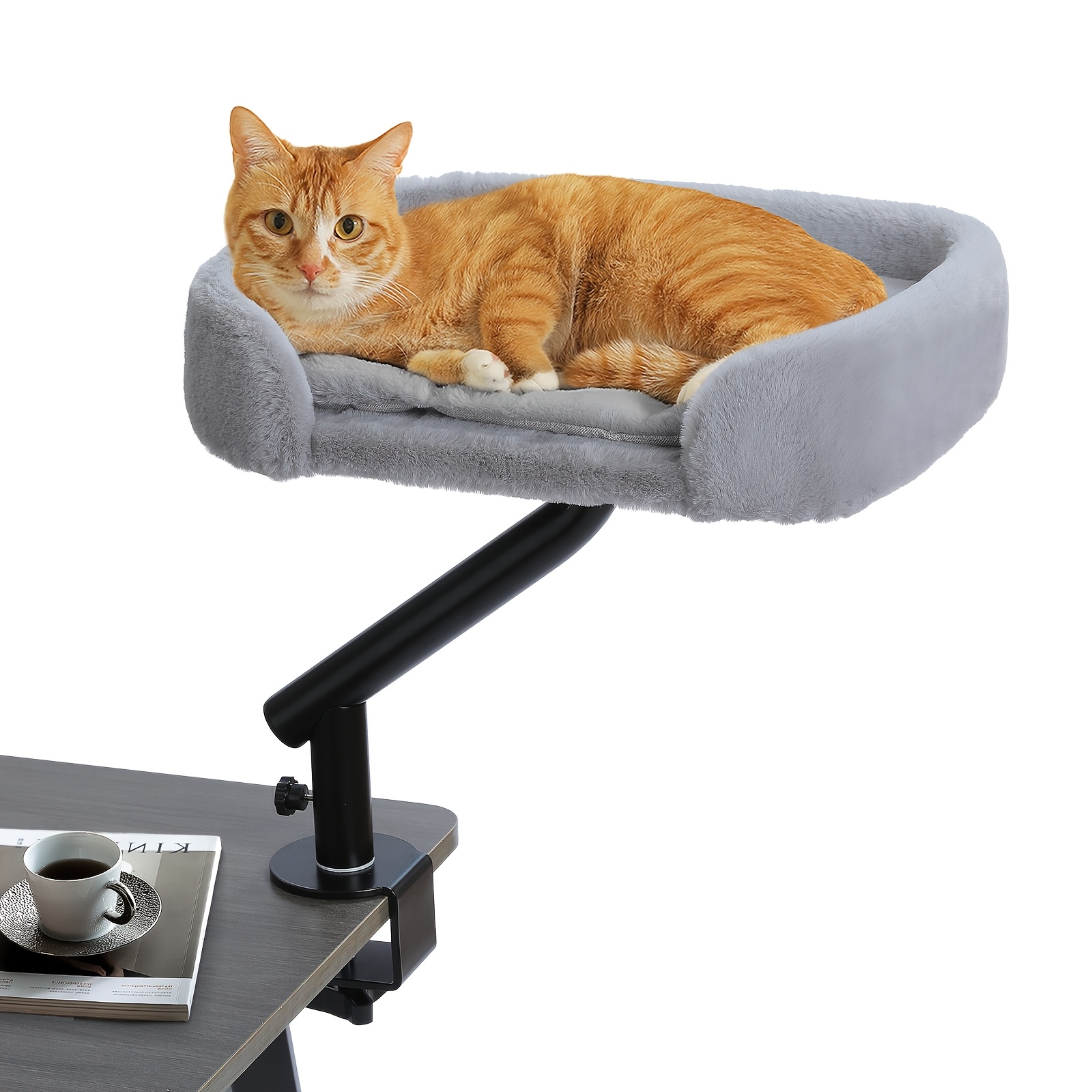 Image of Bed For Desk, Adjustable 360 Degree Rotating Cat Hammock With Clamp, Indoor Cat Nest Desktop Bed, Space Cat Mat With Soft , Table Attachment Pet Bed Supports Up To 22.7 Kg, Gray