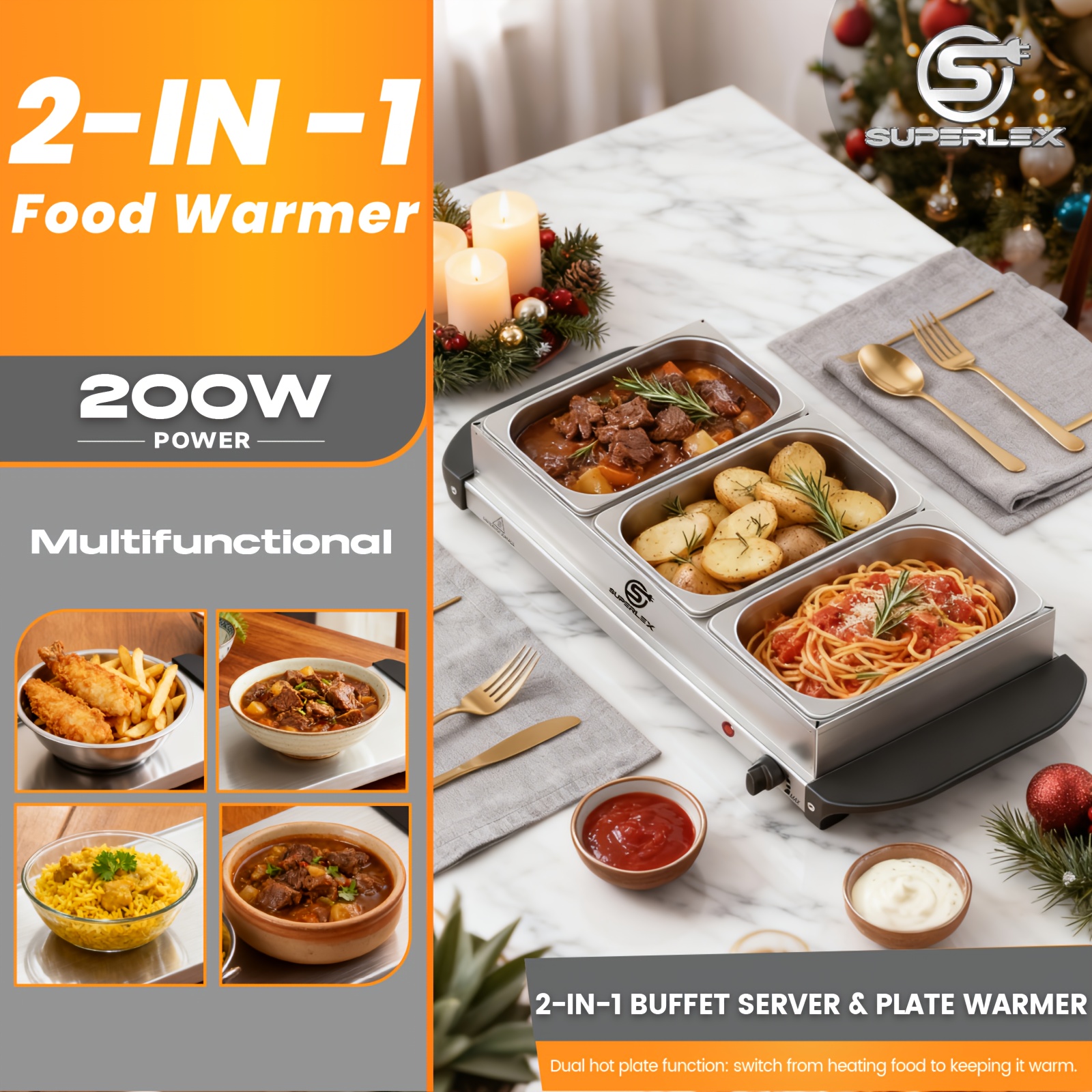 TEMU Large 200w Stainless Steel Buffet Warmer, , Food Warmer Server, Suitable For Buffets, Parties, Or Home Use-keeps Soups, Sauces, And Dishes Warm.