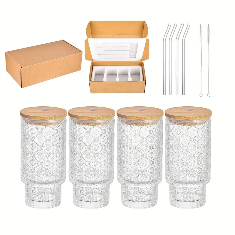 4 pack 11oz bpa free vertical stackable glass cups with leak proof lids straws insulated reusable for cold brew beer juice outdoor activities picnics beach holiday gifts polka picnic essentials elegant party glasses stylish drinkware beach accessories modern glassware durable construction home best for christmas Product details 7