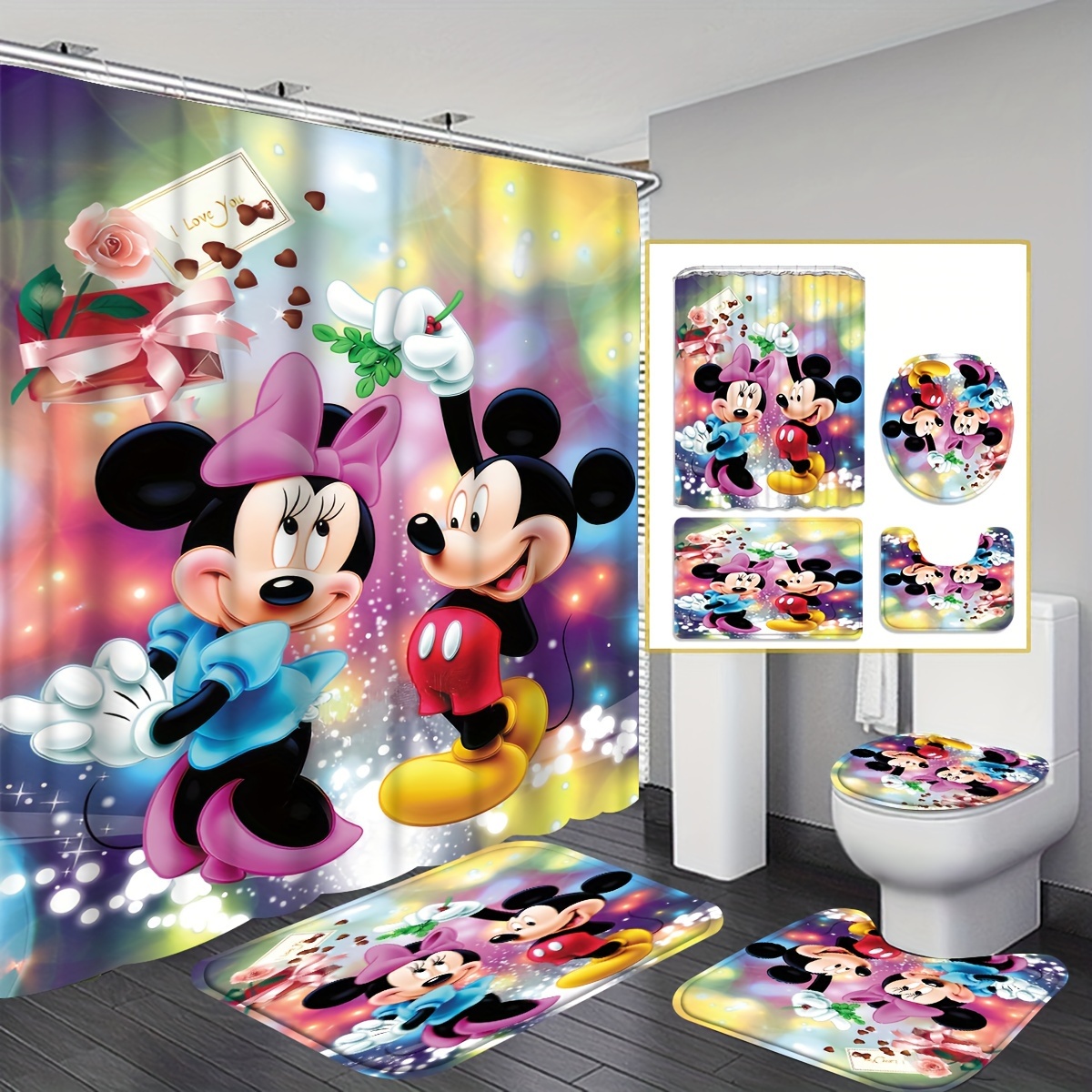 

1/4pcs Mickey Mouse Cartoon Pattern Shower Curtain Set, Shower Curtain With 12 Hooks, Non-slip Bath Mat, U-shaped Toilet Mat, Toilet Mat, Bathroom Accessories, Home Decor