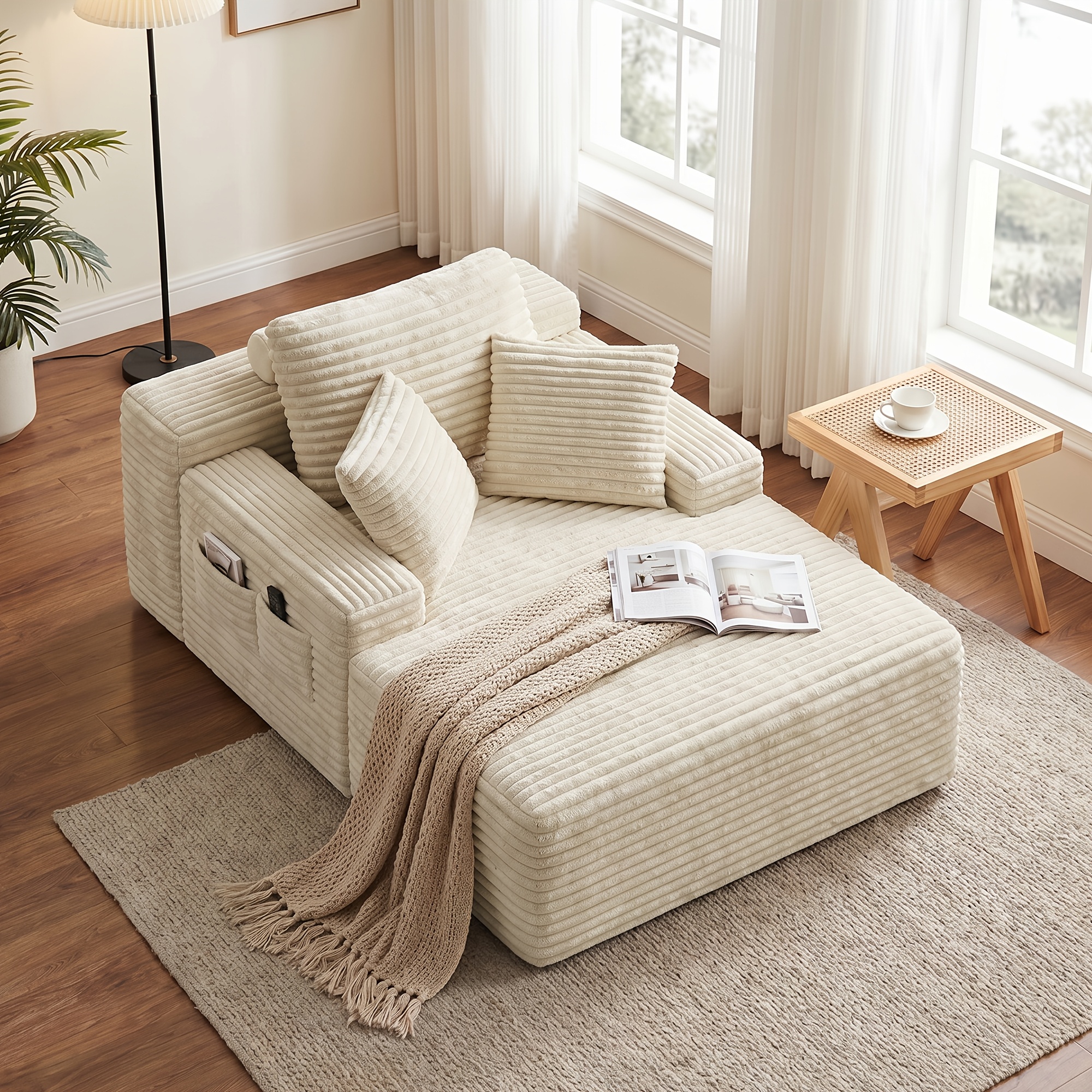 Image of No Corduroy Single Sofa, Compressed Foam Chaise Lounge Chair With 3 Pillows And Side Pockets, Ergonomic Lazy Couch For Living Room And Bedroom, Beige/dark Gray