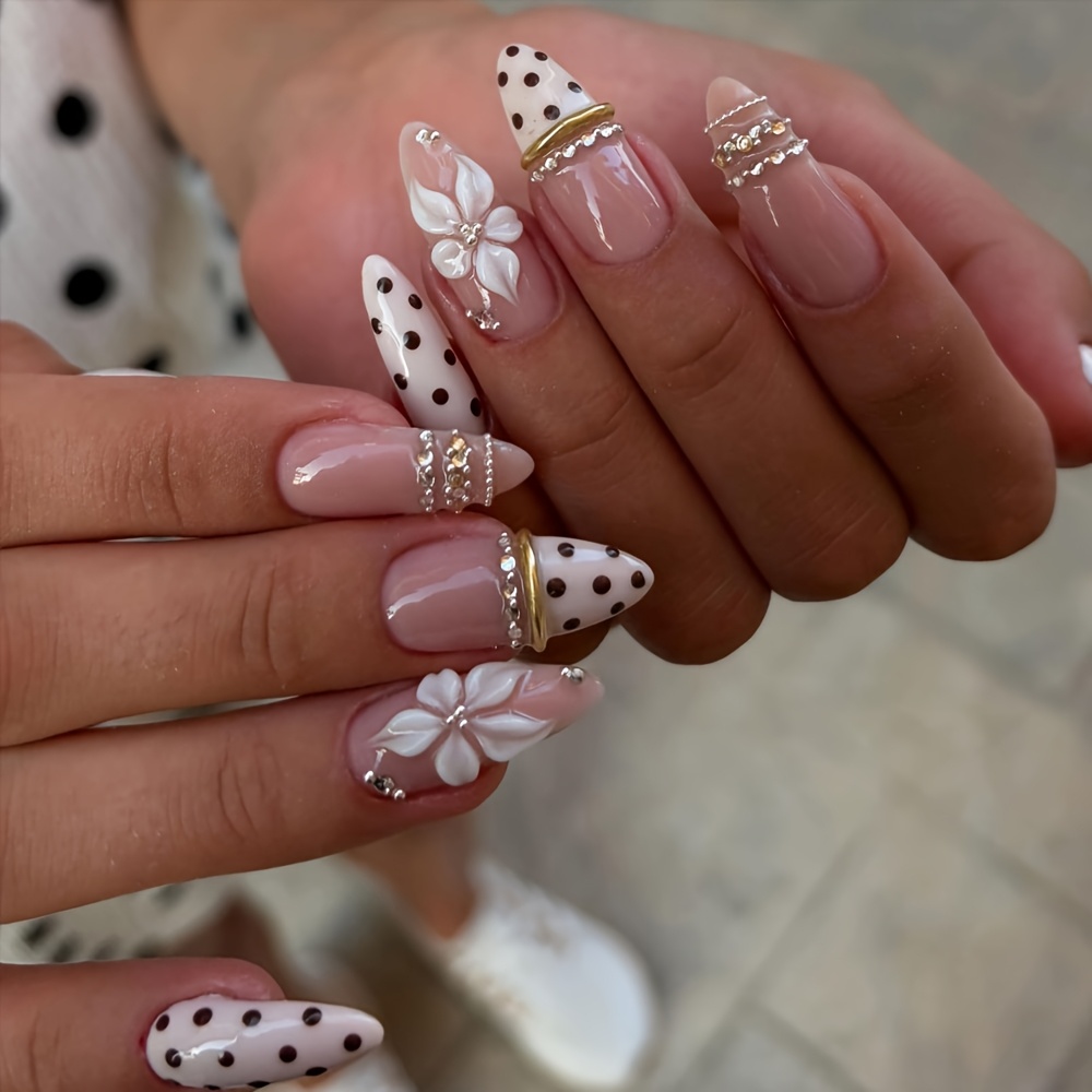 TEMU 24pcs French Minimalist Polka Dot 3d Carved, Gilded And Diamond-inlaid Press-on Nails, Flowers, Nail , With Nail Tools Included, For Women