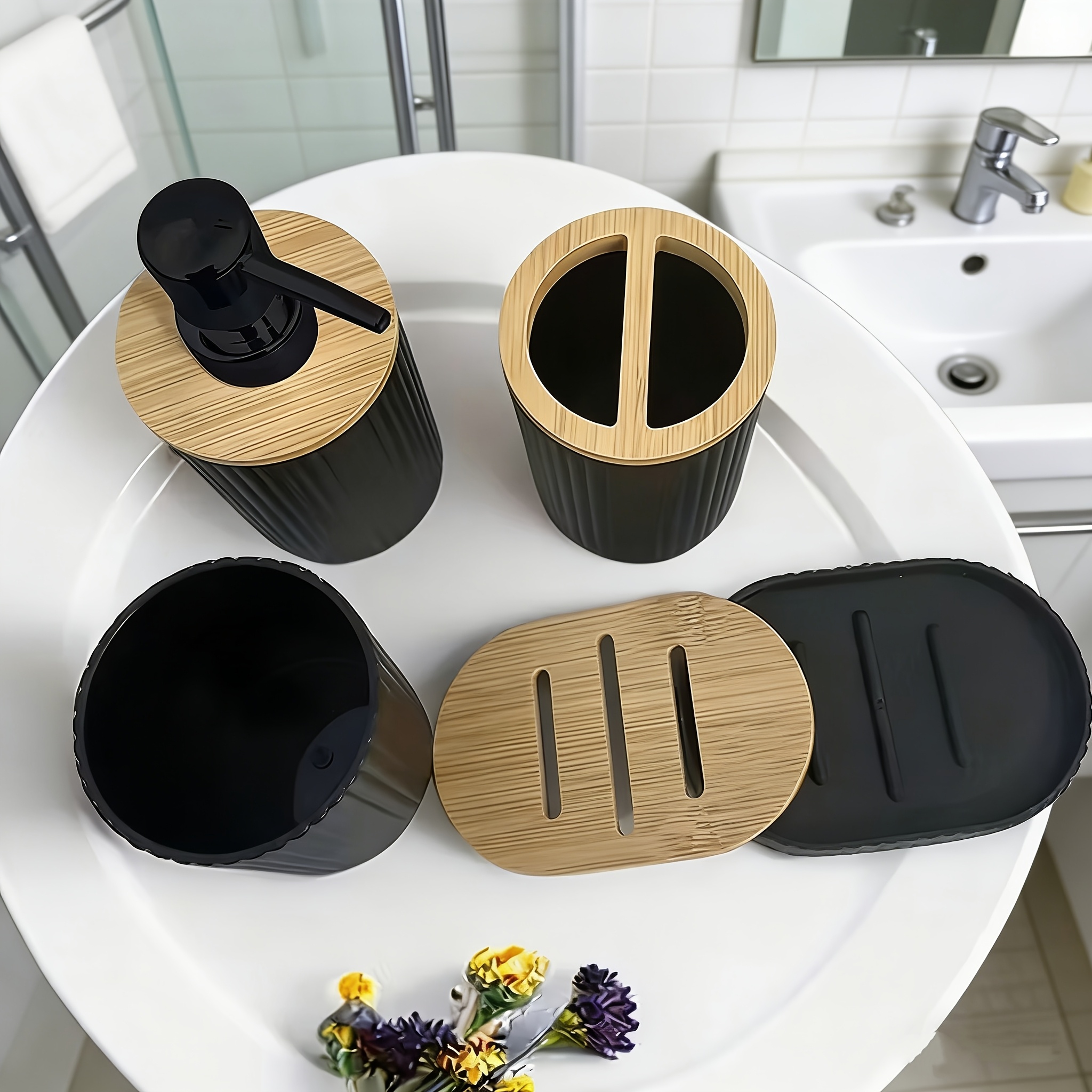 TEMU 4pcs Boho Modern Plastic Bathroom Accessories Set - White Suitable For Decor Styles, Soap Dispenser, Toothbrush Holder & Soap Dish, Compact Sink