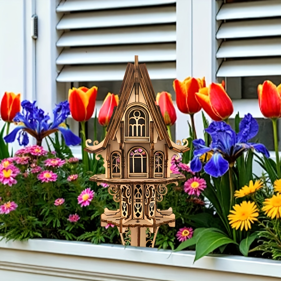 Image of 1pc A Wooden Elf House Designed Like A Medieval Castle, Perfect For Garden Decoration. It Can Enhance Outdoor Flower Pot Displays And Is Ideal For Christmas, Thanksgiving, And Holiday Gifting