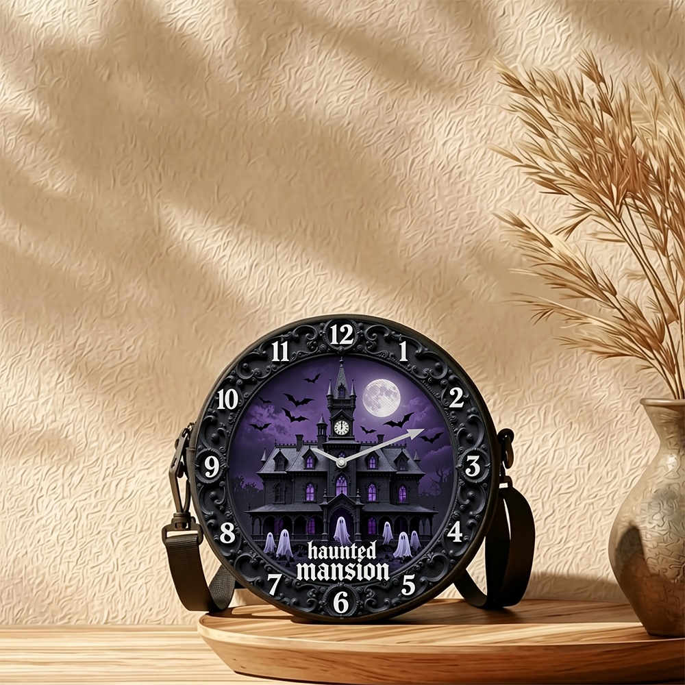 TEMU Sac bandoulière rond à impression 2D aléatoire, 1 pièce, motif de d'Halloween, femme, bandoulière réglable avec fermeture éclair et poignée