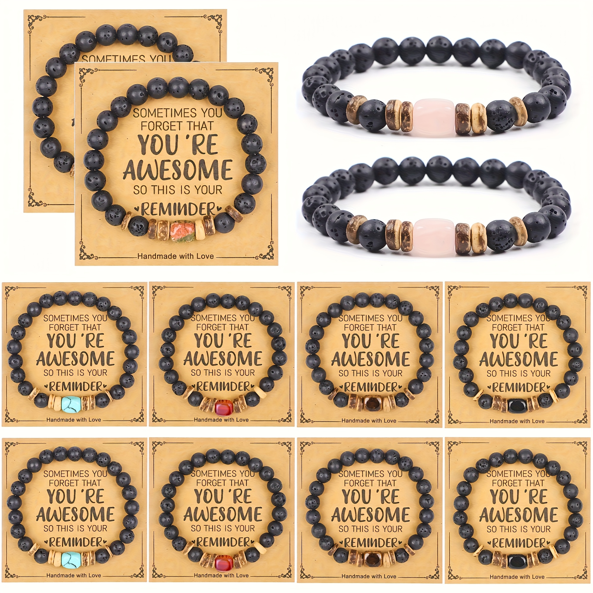 TEMU 12pcs Of Black Natural Stone Bracelets With Random Colors And Textures, Irregular Natural Stone Bracelets ( How Are, So Reminder) You That You're Awesome So "reminder"