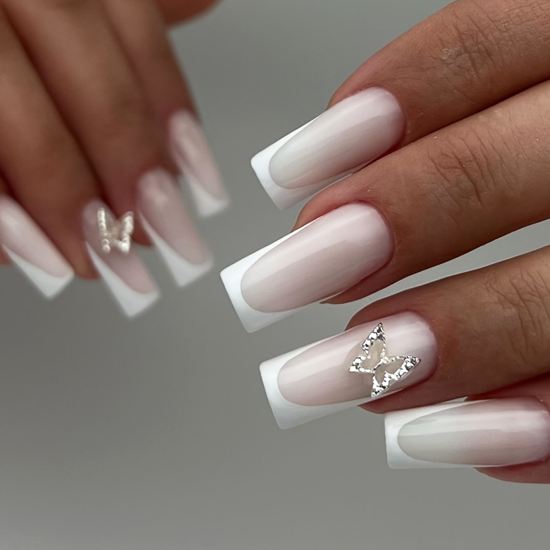TEMU 24pcs Nails Long Coffin Fake Nails Reusable Surface Glossy With 3d Rhinestone Acrylic Nails Full Cover For Woman Daily Commuting Date Party Wear