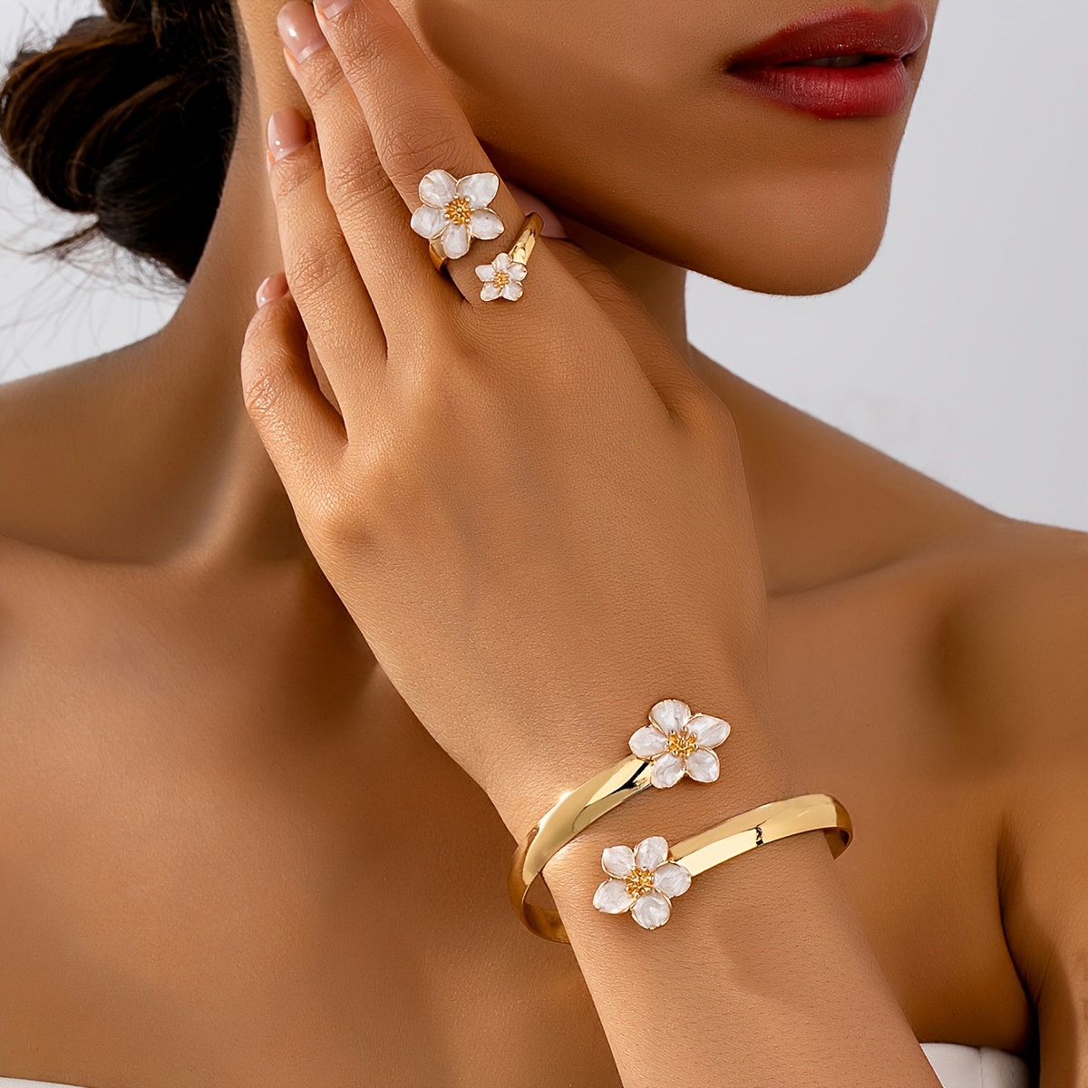2pcs Elegant Enamel Floral Openwork Bracelet And Ring Set, Versatile Jewelry Gift For Women