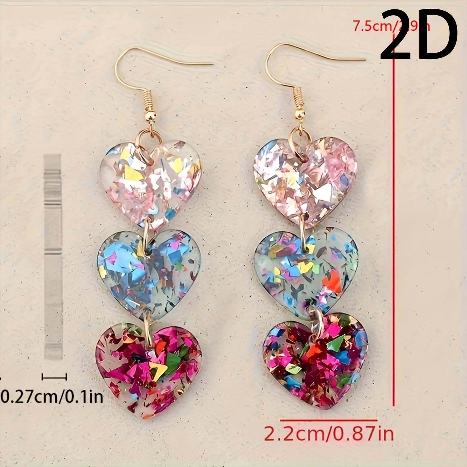 2d Flat - 2d 1 Pair Retro Style Glitter Acrylic Heart Pendant Earrings, With Multicolor Sequins - Ideal For Valentine's Day, Cute Earrings (, No Card)