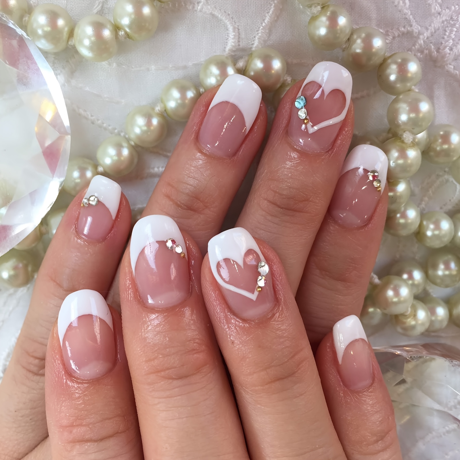 TEMU French Tip Press On Nails Gzqjgy Short Square Fake Nails Nude Pink White Heart Full Coverage Acrylic Fake Nails With Three-dimensional Gemstone