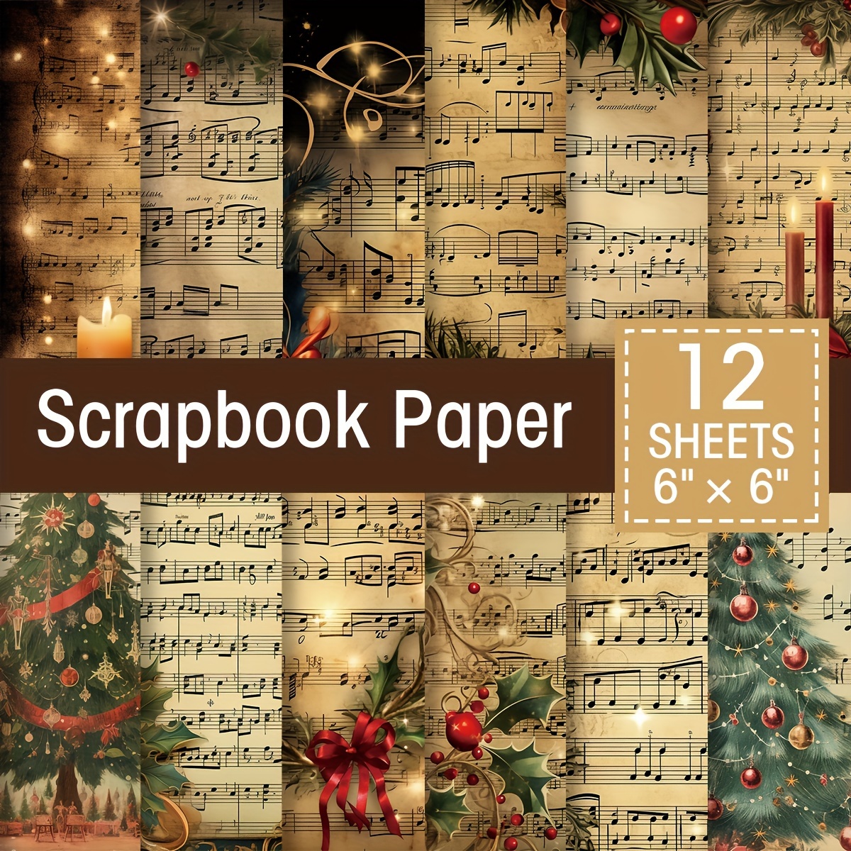 

12-pack Vintage Christmas Dark Sheet Music Craft Paper, 6x6 Inches, Smooth , Christmas Tree & Candle Patterns, For Scrapbooking, Diary, Diy Craft Decorations