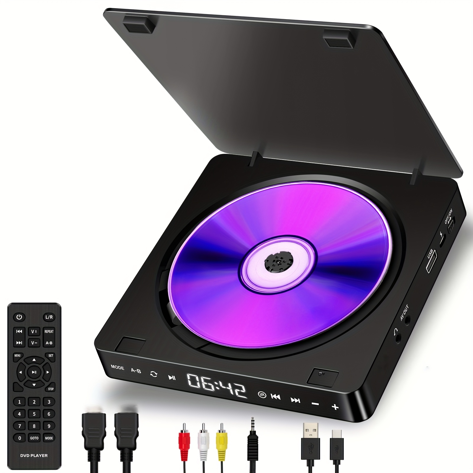 Reproductor de DVD Mini Compacto 1080P con Mando a Distancia - Alimentado por USB, Compatible con CD/DVD/VCD, Se Conecta al Televisor, Incluye Ranuras para USB y Tarjetas TF, Reproductor para TV
