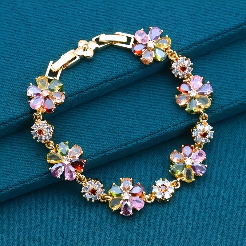 TEMU 1pc Elegant Vintage Style Colorful Cubic Synthetic Cubic Zirconiaia Teenager's Bracelet, Suitable For Daily Wear And Gifting, , Daily Wear