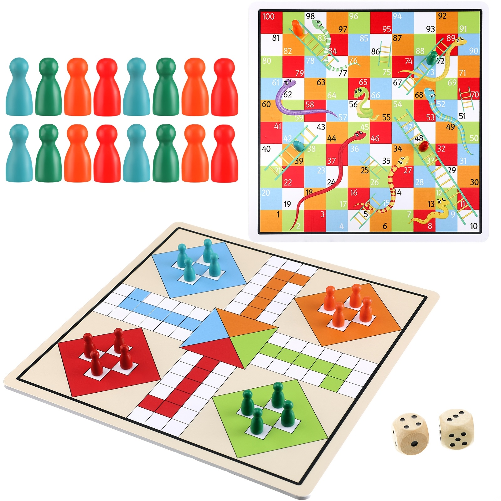 

Classic Snakes & Ladders/ludo Game Set - 12x12" Double-sided Board For 2-, Includes Wooden Dices & Pieces - Perfect For Adults And Teens