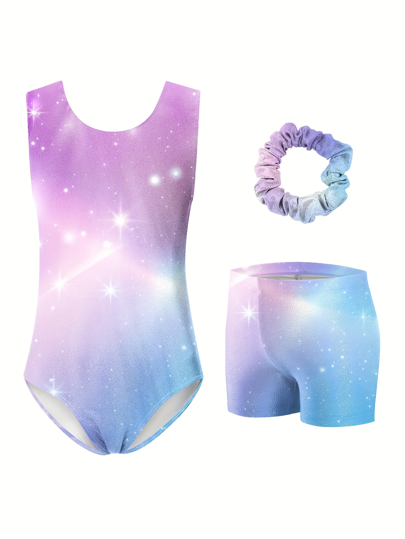 girls sleeveless   cut full body printed sparkling silvery hot   sports gymnastics bodysuit vest with headband and shorts 3pcs set   outdoor