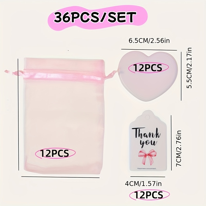 E-shop Geschenk für Sie/Ihn 36-teiliges Geschenkset, rosa herzförmiger Schminkspiegel und rosa Mulltasche und Dankeskarte, kompakter, tragbarer, süßer