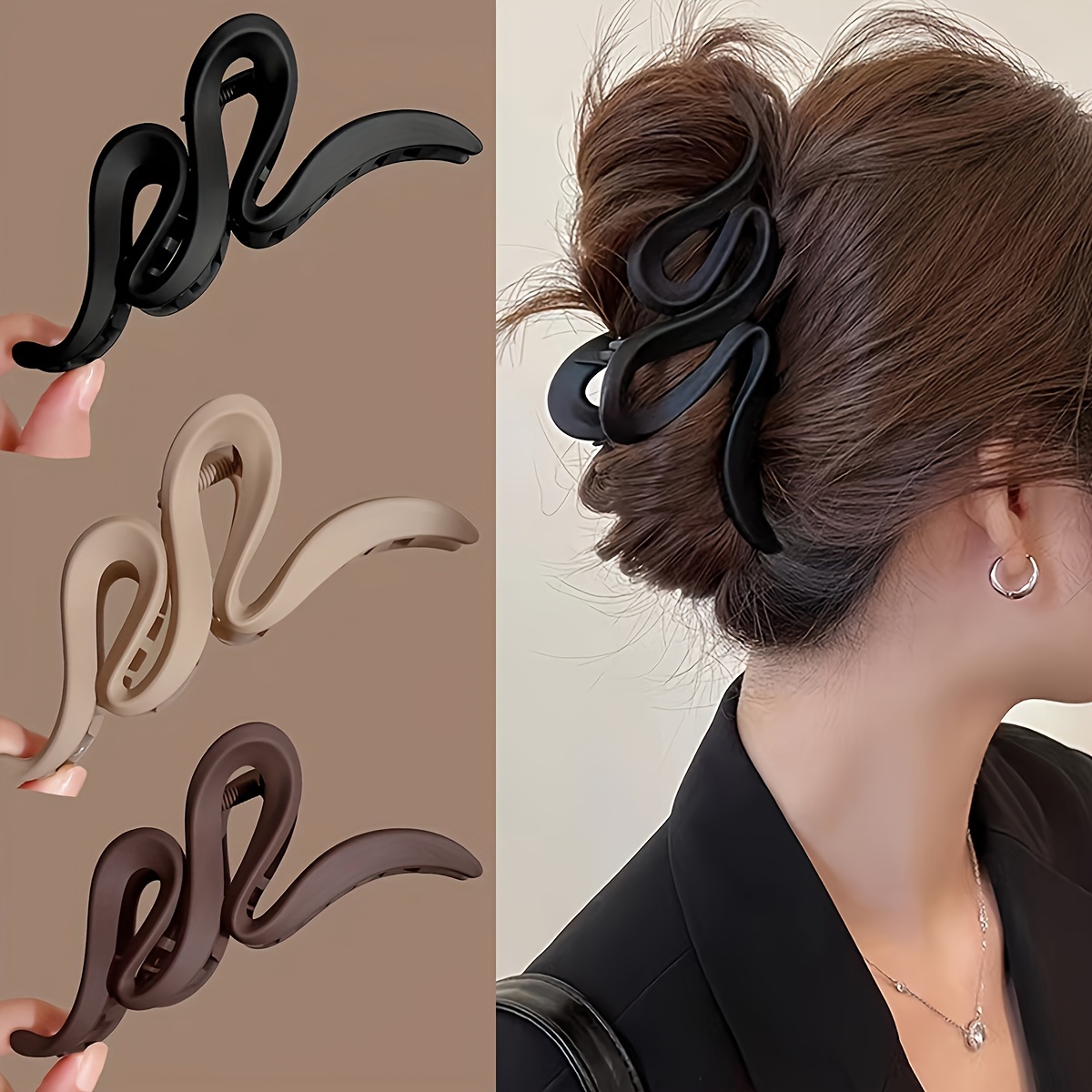 

3pcs Set Elegant Matte Wave Hair Claw Clips - Large, Non-slip Ponytail Holders For Women & Girls,