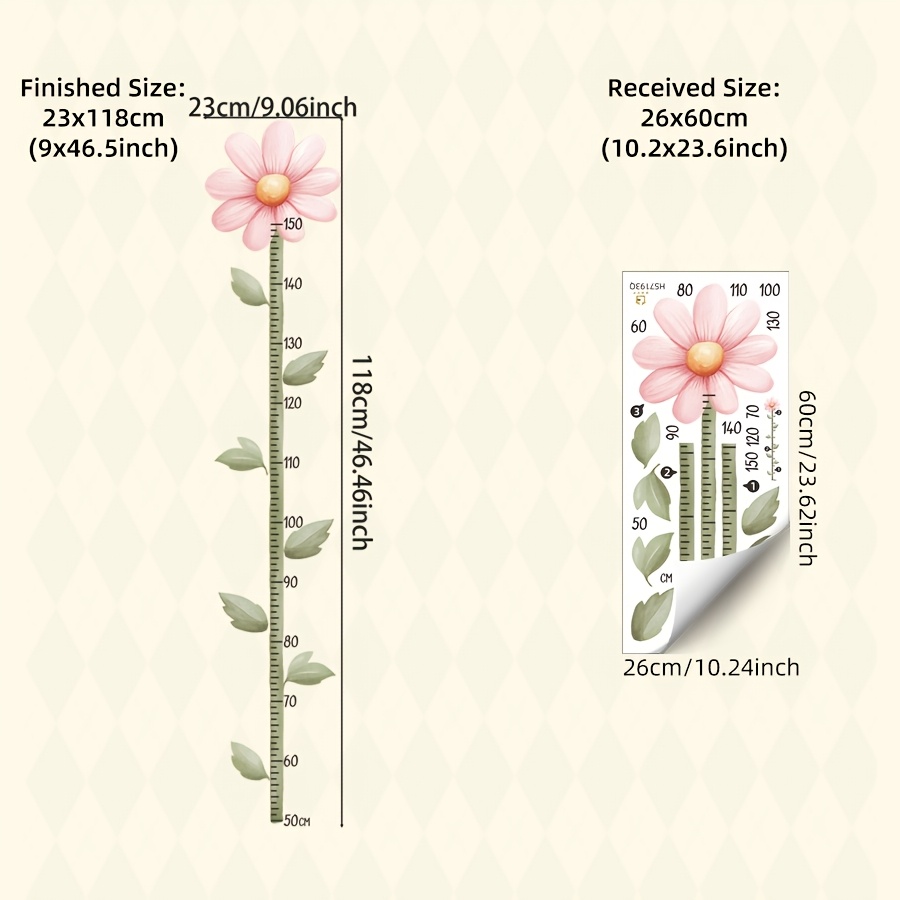 1pc Whimsical Kids Wall Sticker Height Chart Sticker, Watercolor Pink Flower Growth Chart Decal, Semi-matte Pvc, Removable, For Kids Bedroom, Nursery, Boho Decor