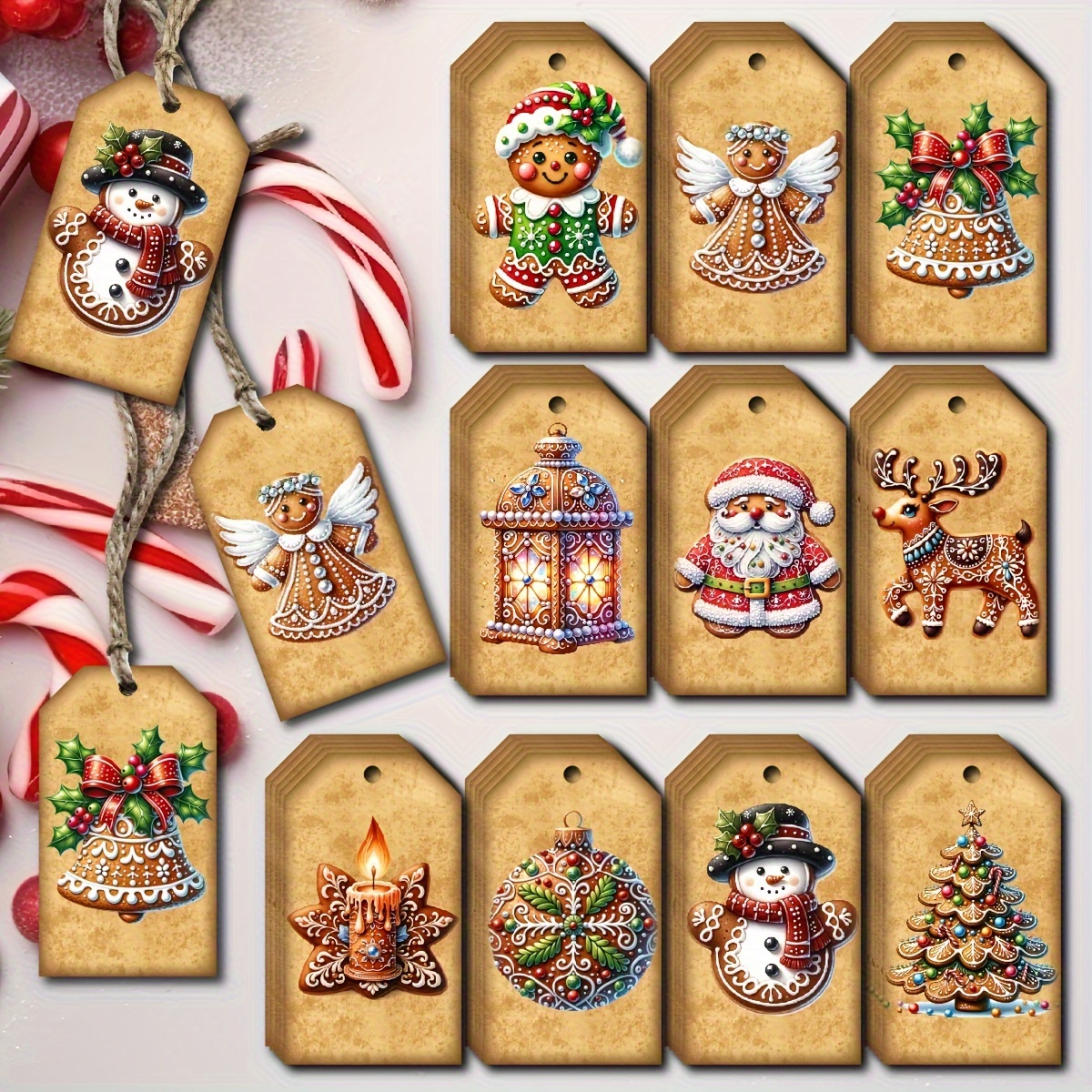 Image of 50pcs, Christmas Tags For Gift, Christmas Gingerbread Design Christmas Tags, Gingerbread Santa Christmas Tree Snowman Bell Tags For Christmas Gift, Christmas Gift Decoration