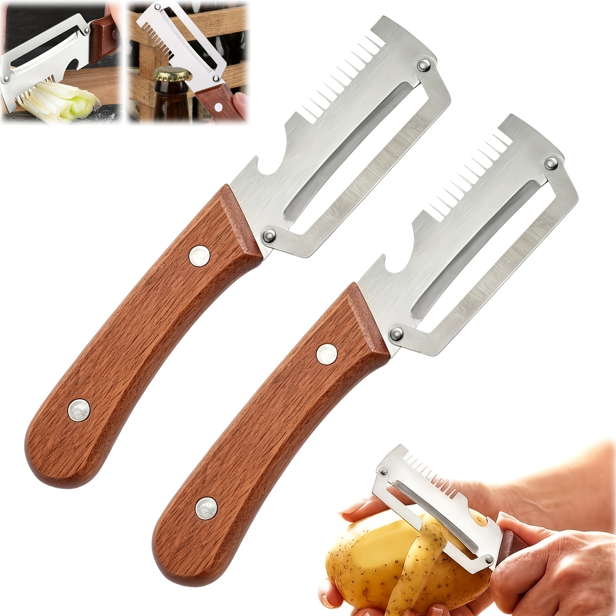 TEMU 2-pack Heavy Duty Stainless Steel Peeler Slicer With Wooden Handle And Thickened Blade Design. Suitable For All Kinds Of Fruits And Vegetables.