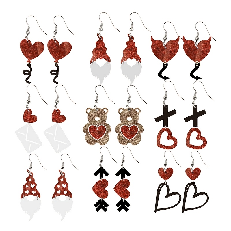TEMU 9 Pairs/set Valentine's Day Love Heart & Bear Envelope Balloon And Gnome Acrylic Dangle Earring, Trendy Party Jewelry, & Gifts.