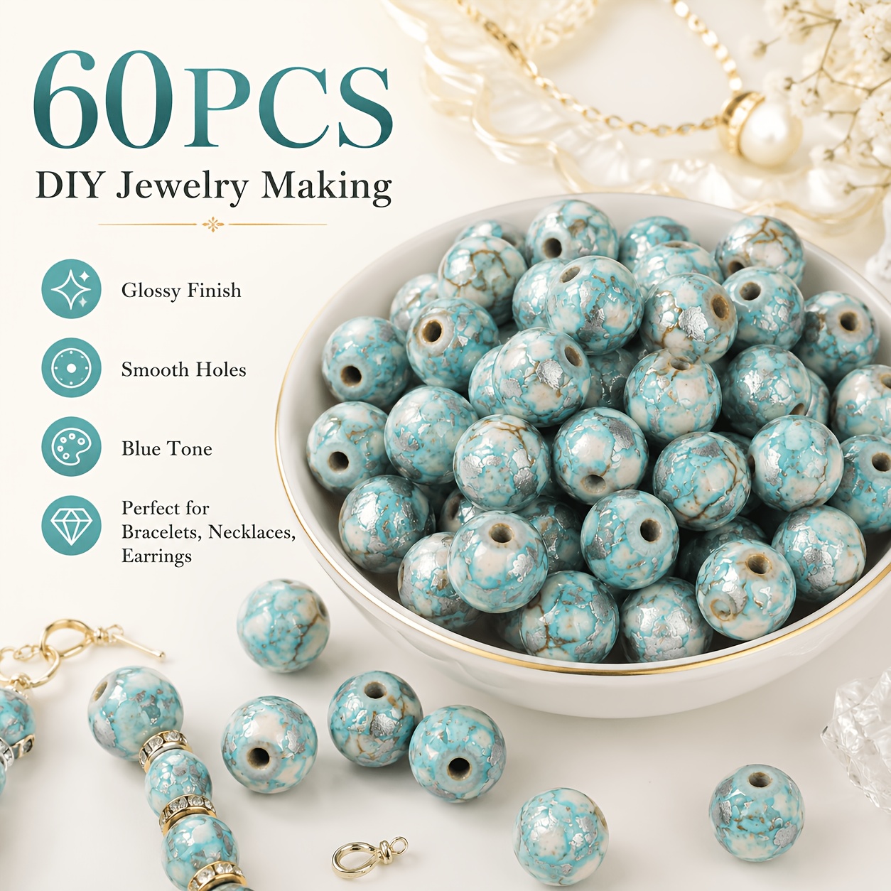 TEMU 60pcs, Perles décoratives tourbillonnantes bleues et blanches de 8 mm, artisanat de bijoux, convient pour , et breloques de voiture - Ajouts et