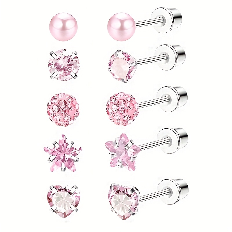 TEMU 5 Pairs Elegant & Sexy Heart- Zirconia Stud Earrings, Stainless Steel Body Piercing Jewelry For Daily & Party Wear, Party Accessories, Jewelry,