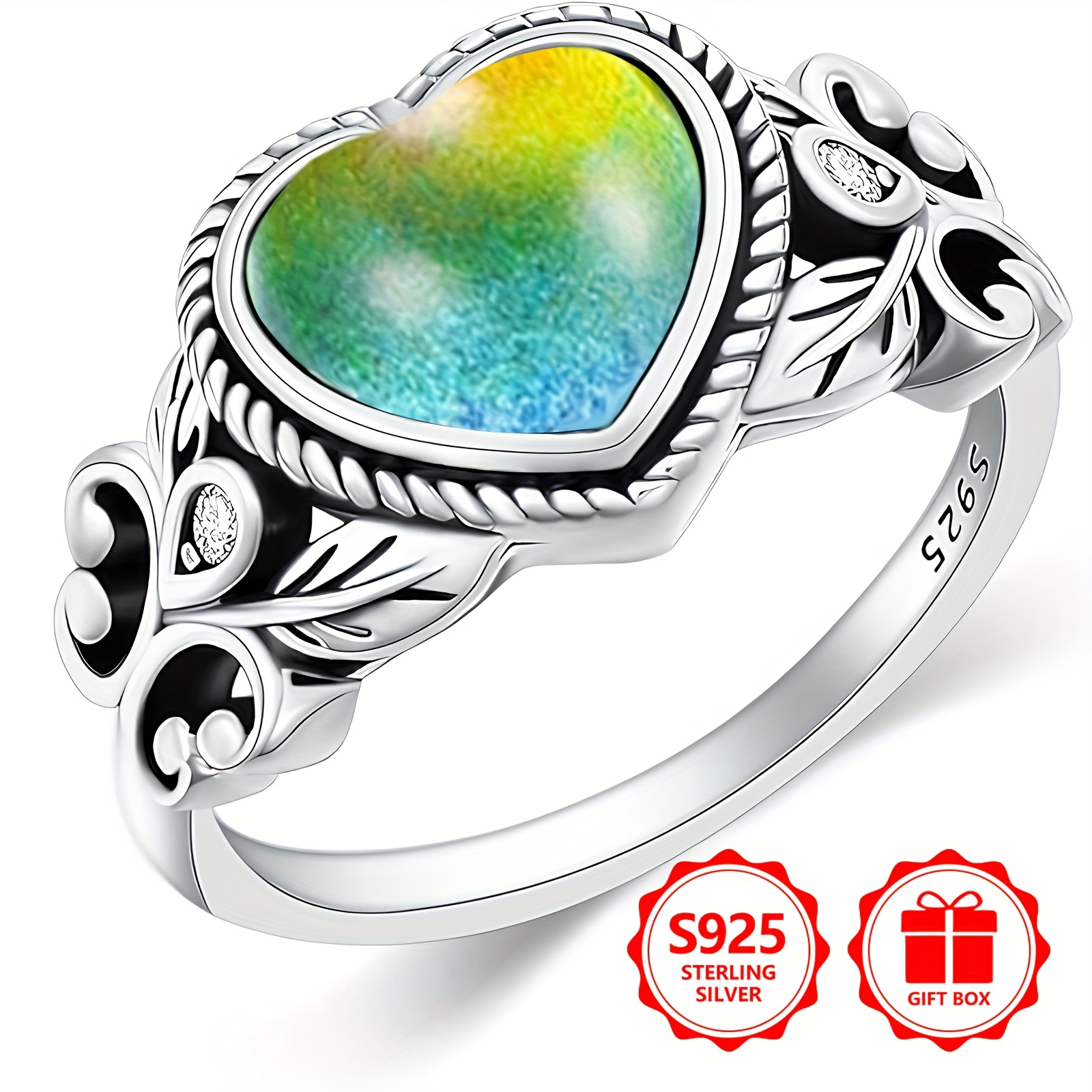 925 Sterling Silver Boho Mood Ring Heart Shape Hypoallergenic Gift