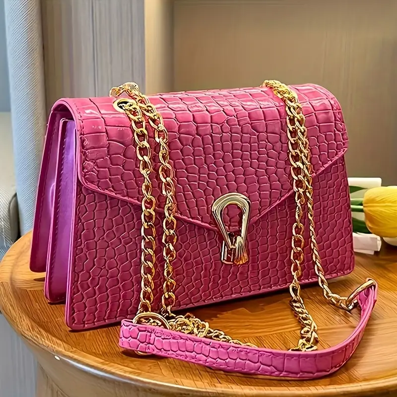 elegant crocodile pattern crossbody bag with clasp in white black rose red green luxurious polyester lined handbag for women evening handbag elegant handbag glossy details 1