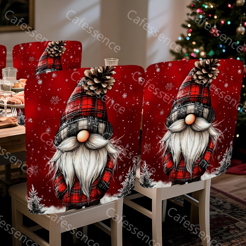 TEMU Ensemble de 4 housses de chaise de Noël avec des gnomes, des chapeaux à carreaux et des pinces, conçues pour protéger les chaises pendant des