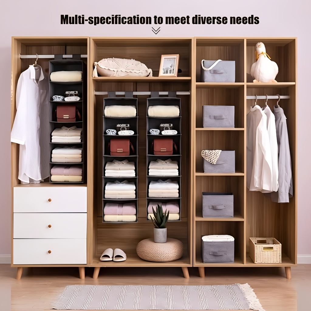 Image of 6-shelf Hanging Closet Organizer, Foldable Fabric Wardrobe Storage Shelves, Black Clothes Storage Rack, Collapsible Hanging Organizer For Sweaters Towels, Bedroom Closet Space Saver