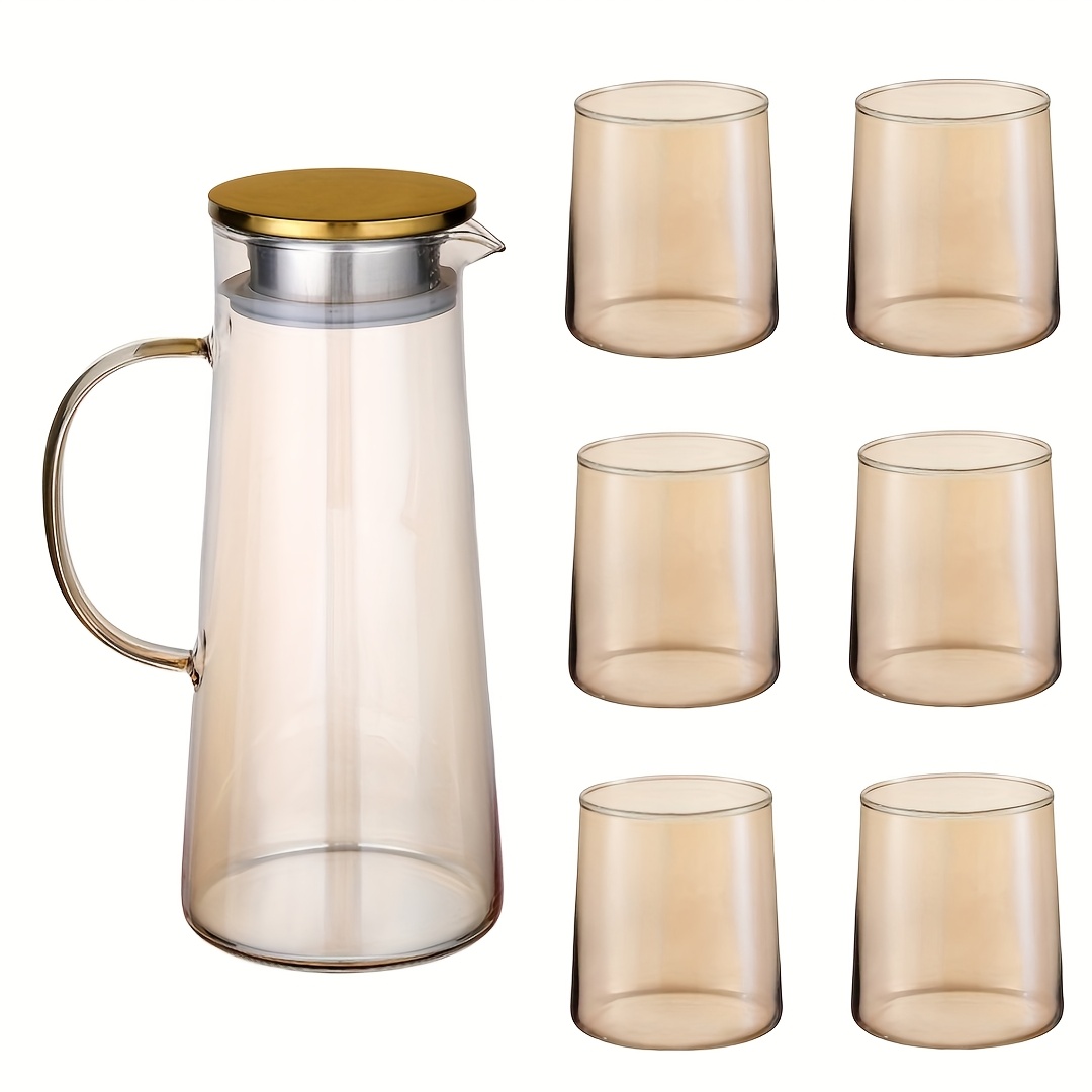 E-shop 5/7-teiliges Set, Becher- und Topf-Set aus hochmolekularem Borosilikatglas, 1 Topf + 4 Becher/6 Becher Set, 3 Farbstile optional, 1500 ml/50,73