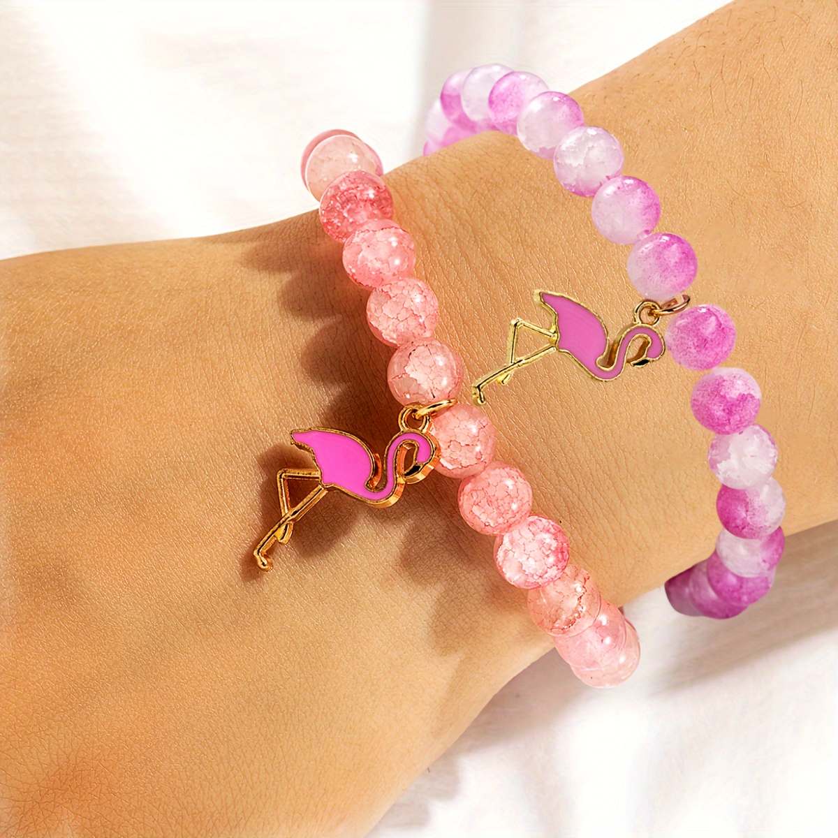 

2pcs Y2k Pink Cracked Bead Flamingo Pendant Girl Pink Bracelet