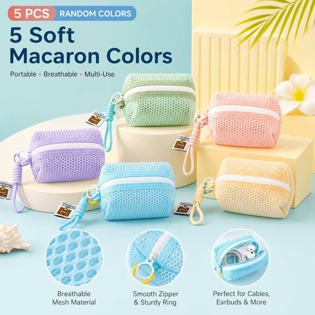 TEMU 5-pack Random Color Mesh Toiletry Bags, Colorful Mesh Makeup Bag Set, Travel Cosmetic Organizer Pouch, Portable Toiletry Storage Bag, Breathable