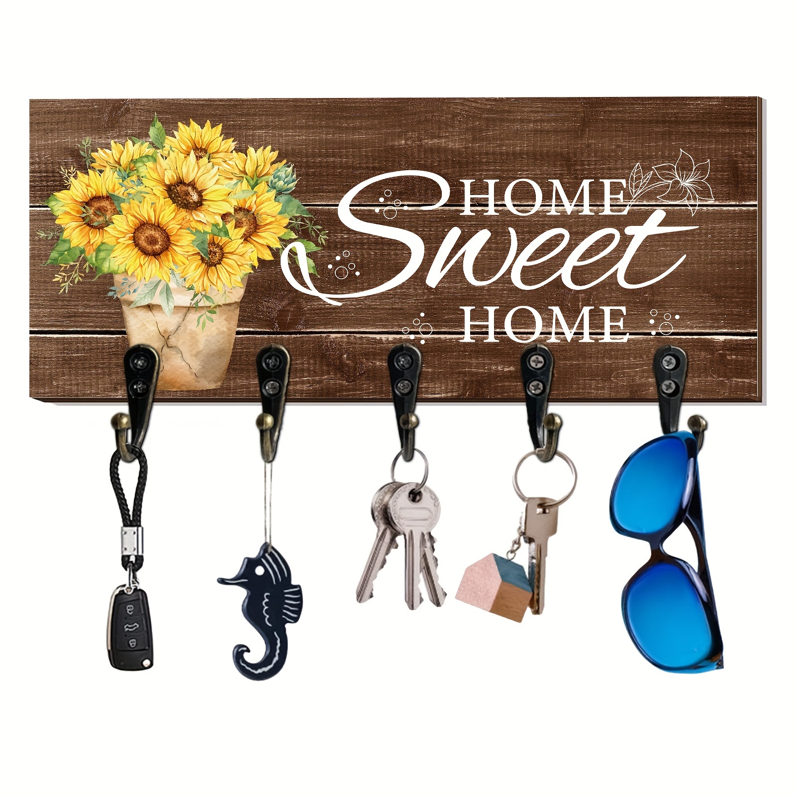 

Sunflower & Sweet Home Sign Key Holder - Rustic Wooden Wall Mounted Decorative Key Hooks With Family Motif, Perfect For Entryway Decor, English Language, 1pc