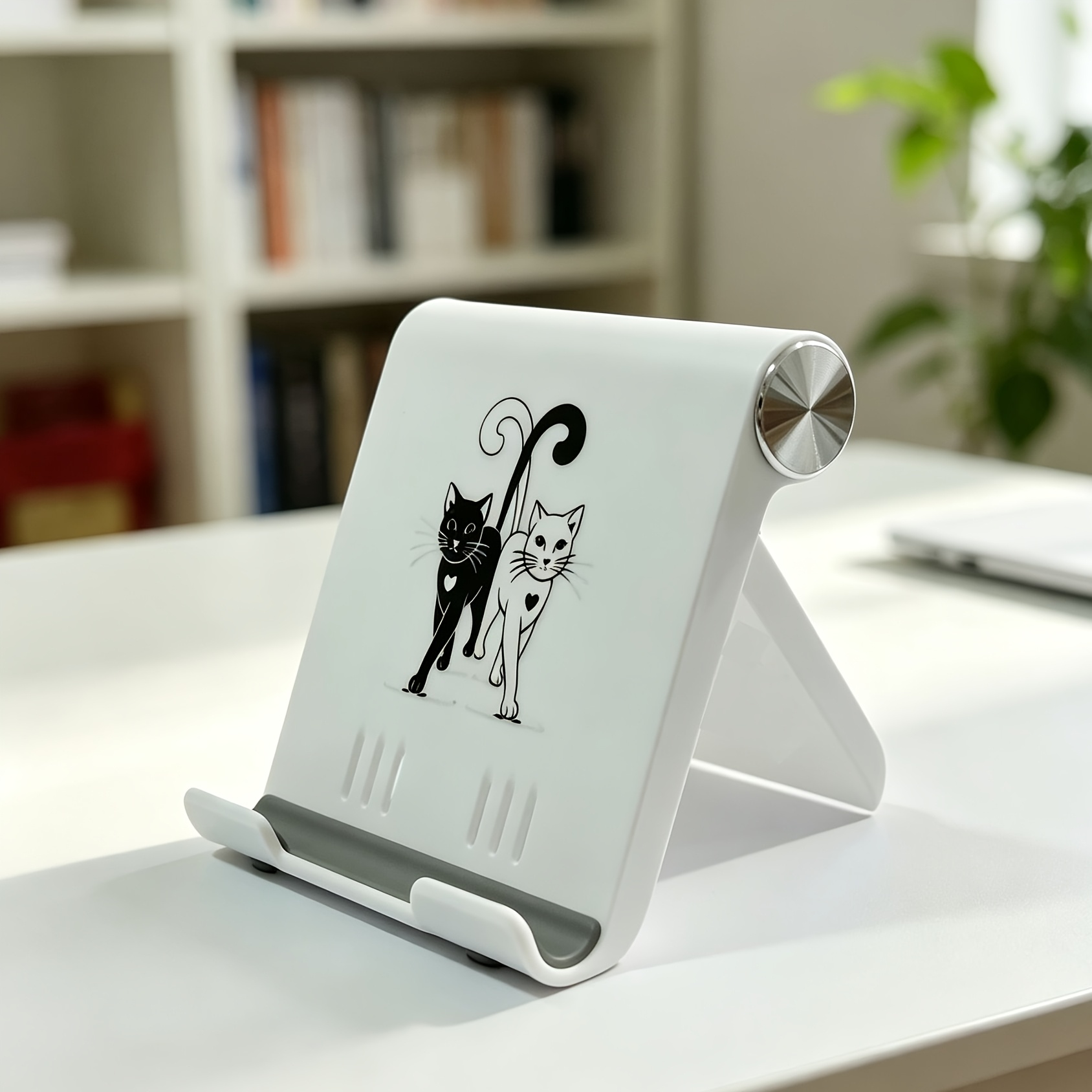 TEMU Niedlicher verstellbarer Handy- & Tablet-Ständer im schwarz-weißen Katzen-Design mit rutschfester Basis – Tischhalter geeignet für Nachttische,