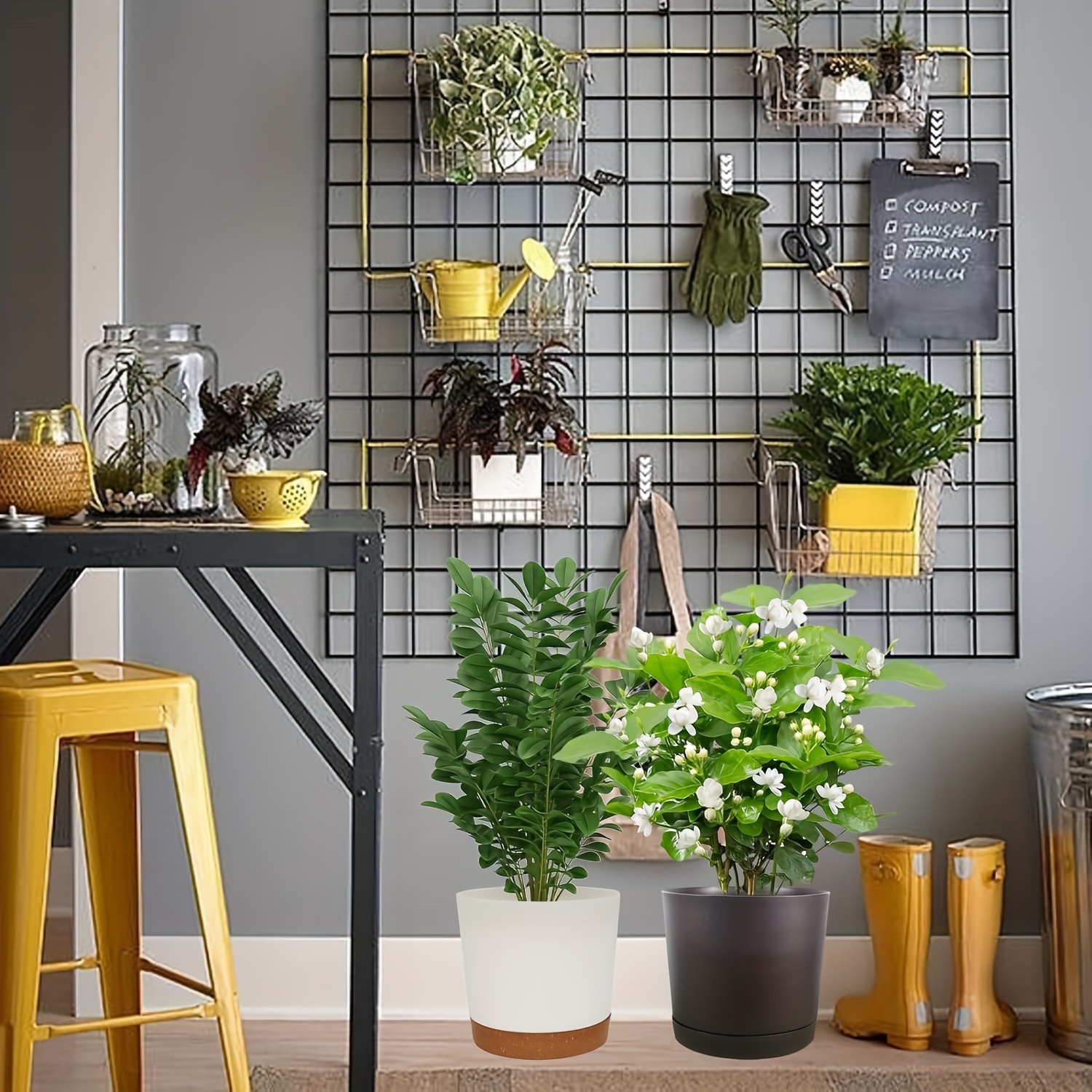 Oliz Lot De 4 Pots De Fleurs En Plastique à Auto-arrosage Avec Pot Intérieur | Motif Brique Pour Violettes Africaines, Herbes (menthe, Basilic), Plantes Grasses, Petites Orchidées (blanc Azy