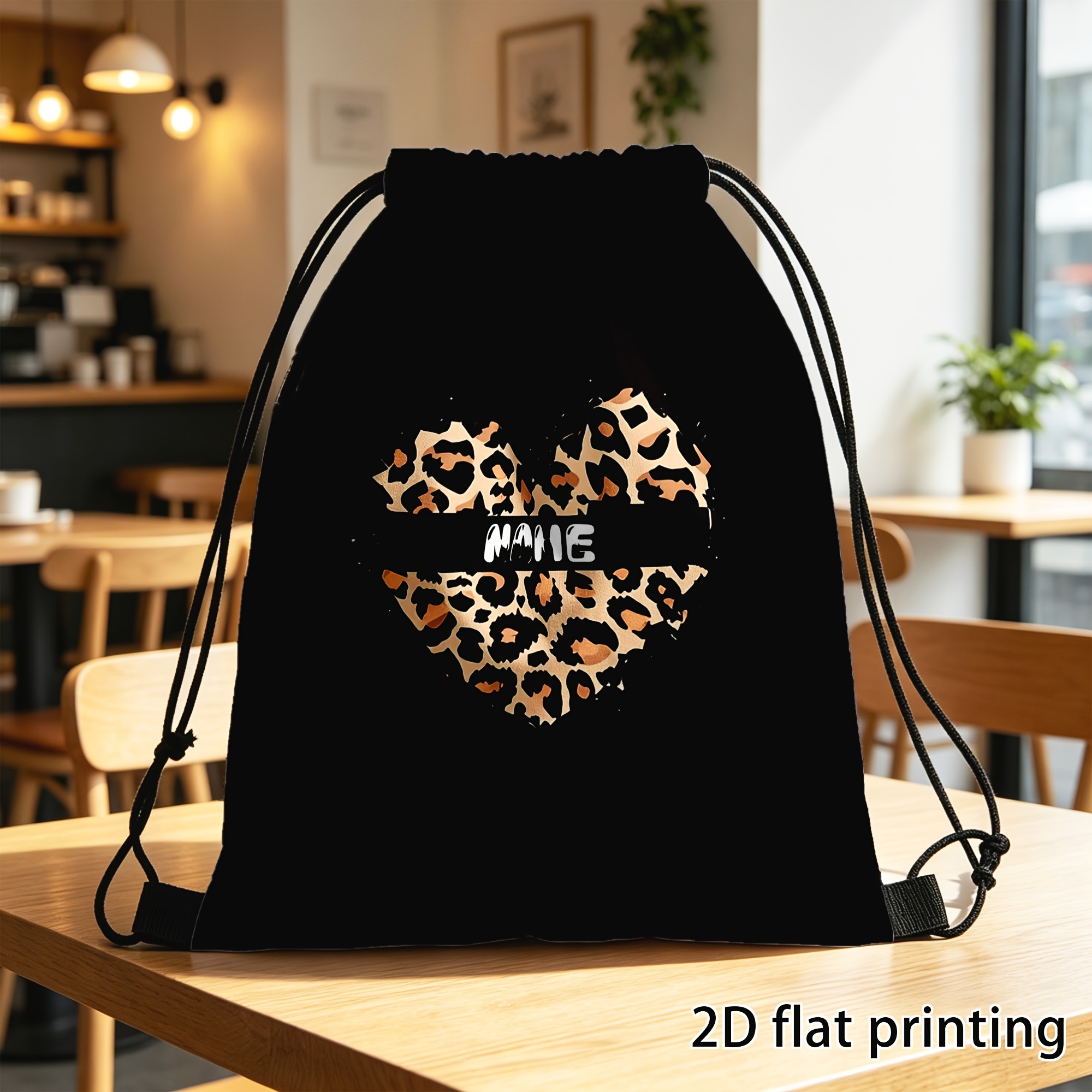 TEMU 1pc, Custom, Drawstring Bag, Personalized Custom Drawstring Gym Bag, Leopard Print Drawstring Pouch With Print, Casual Minimalist Storage Bag,