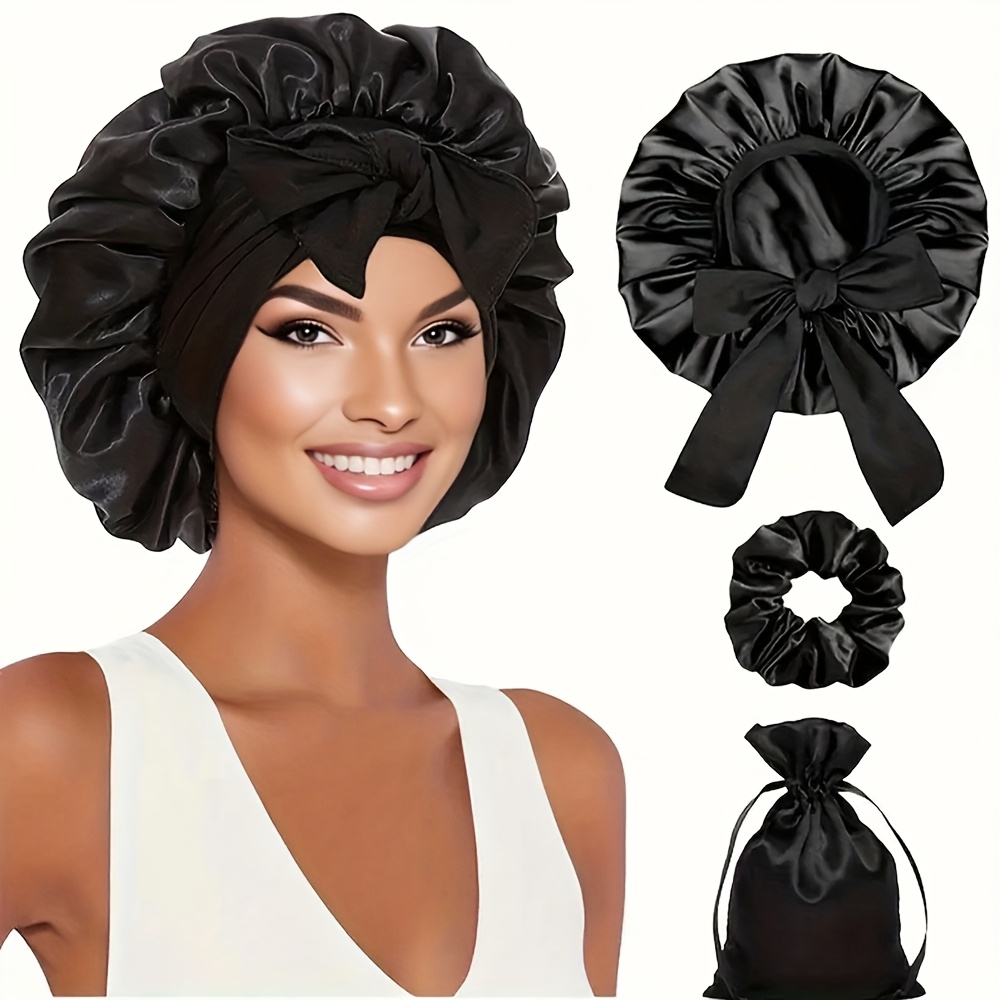 E-shop 3er-Set Schlafhaube mit Bindeband – Haarhaube für Frauen, Locken & Zöpfe, Weiche Bequeme Nachtmütze zum Schlafen, -Frizz Schlafhaube, Duschhaube