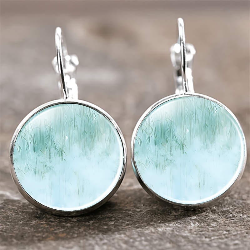 2pc Exquisite White Round Glass Inlaid Earrings with Dreamy Background