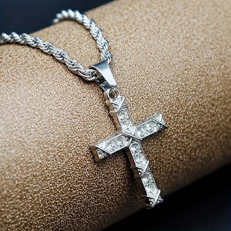 1pc Of Men's Silvery Necklace With Rhinestones Embellishments