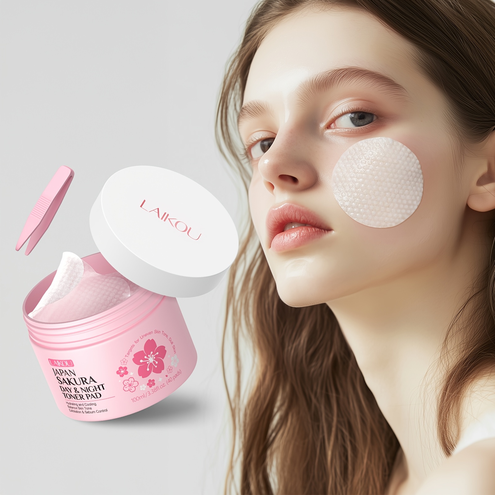 Image of Laikou Sakura Toner Pads 40pcs, Daily Cleansing Toner For Types 100ml, Pre-makeup Toner Pads, Deep Moisturizing, With Tweezers