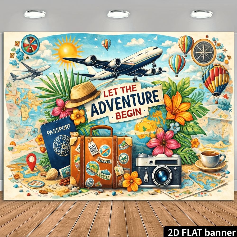 TEMU 2d Flat Travel Adventure Theme Banner, Featuring Airplane, Hot Air Balloons, Suitcase, Camera, Passport, World Map, , Greenery, Sun, Clouds,