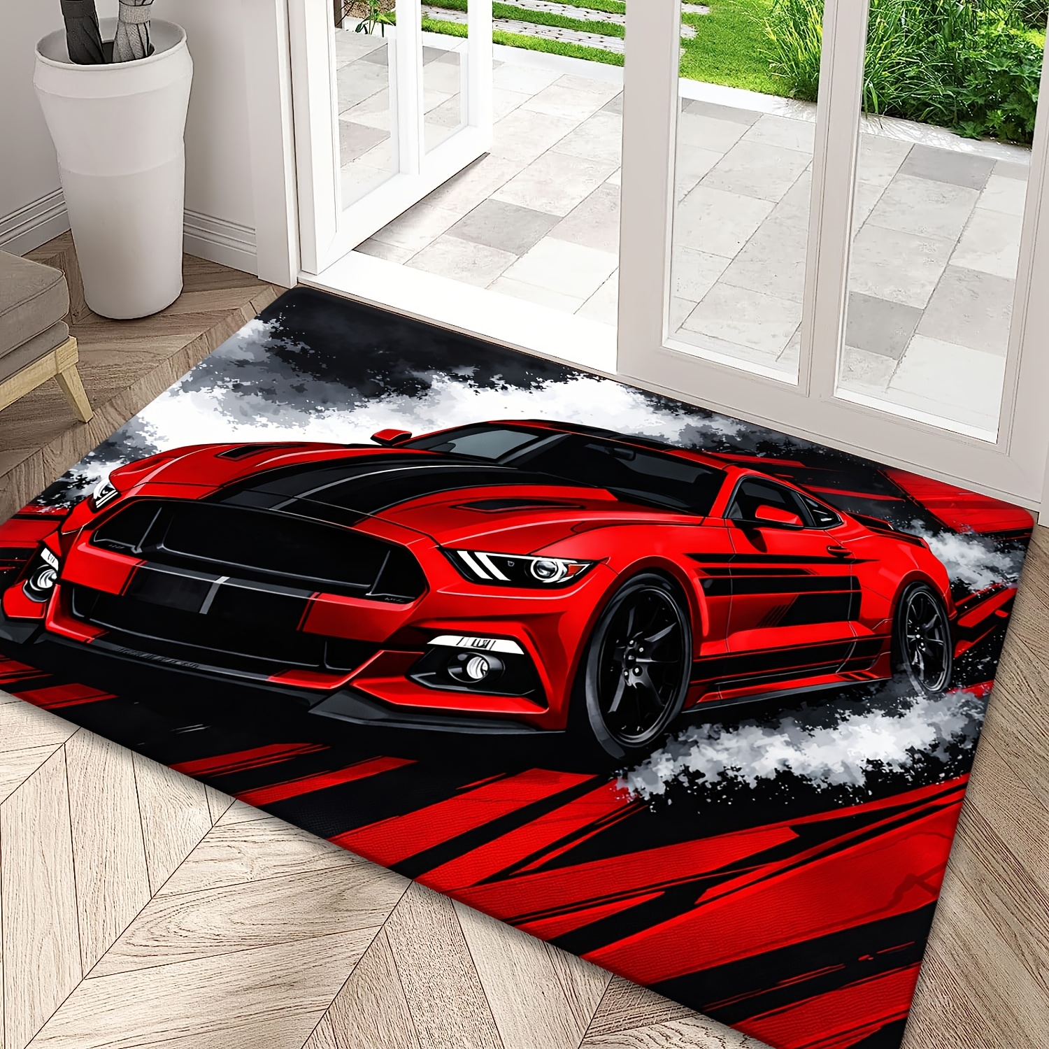 TEMU 1pc Car Rug Suitable For Living Room, Bedroom, Kitchen - Non-slip Machine Washable With Racing Car, Soft Flannel Suitable For Home Decor,
