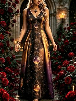 womens flowing long dress with intricate owl bat star celestial magical symbol print made of polyester multiple specifications ideal for outdoor events and casual daily wear