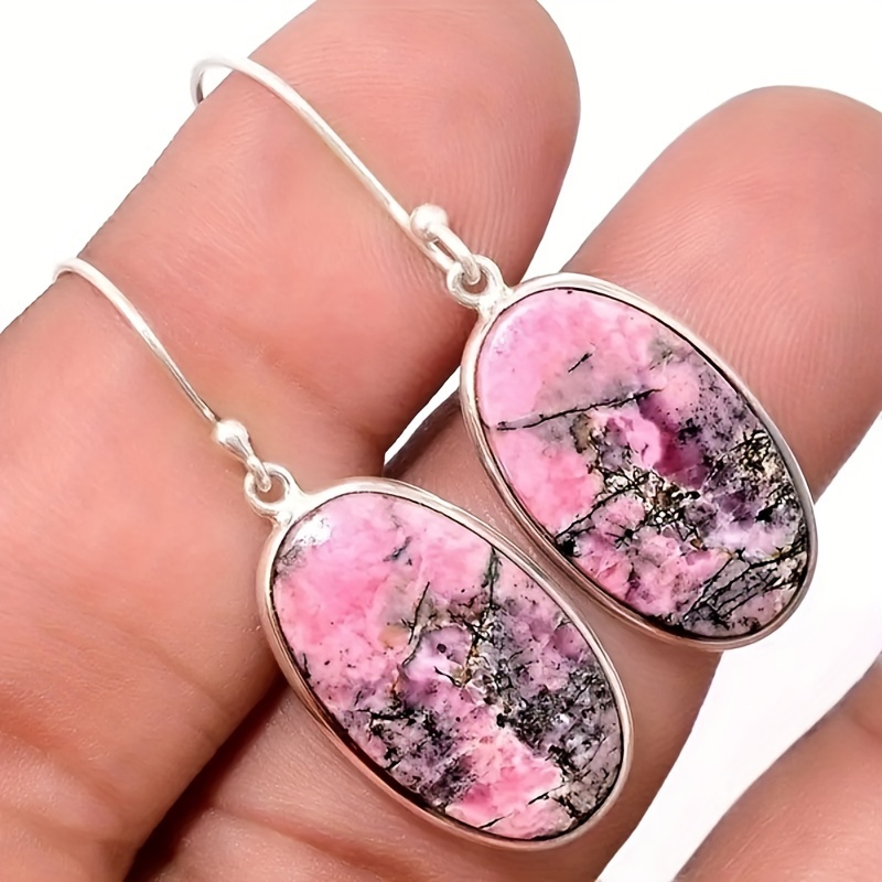 TEMU Stunning Pink Synthetic Gemstonestone Drop Earrings For Women And - Handmade With Silvery Color Plating