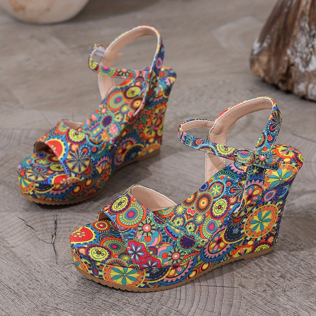 Image of Bohemian Multicolor Wedge Sandals Summer Thick Sole Height-increasing Fish Mouth High Heels, Women Shoes