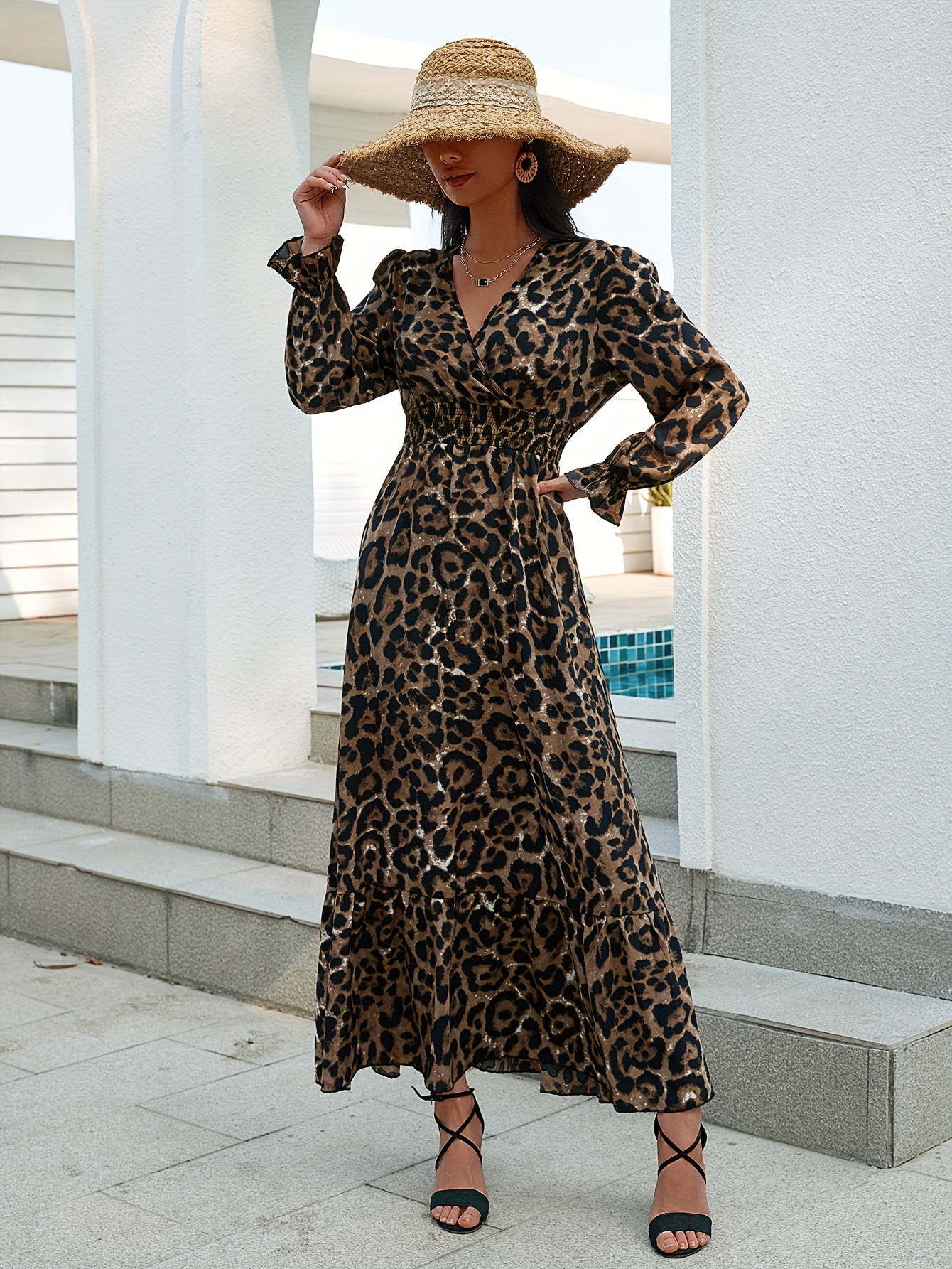 Vestido de Larga con Escote y Estampado Geométrico para Mujer ZD111213  Cintura Fruncida, Lavable a Máquina, Ideal para Playa o Casual, Es