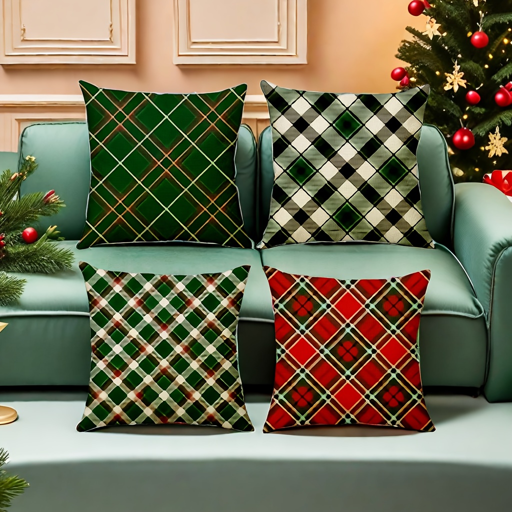 

Vintage Style Christmas Theme Linen Throw Pillow Covers 4pcs, Stripe Print Decorative Cushion Cases With Zipper, Machine Washable For Home Bedroom Office Holiday Party Decor, Woven, No Insert